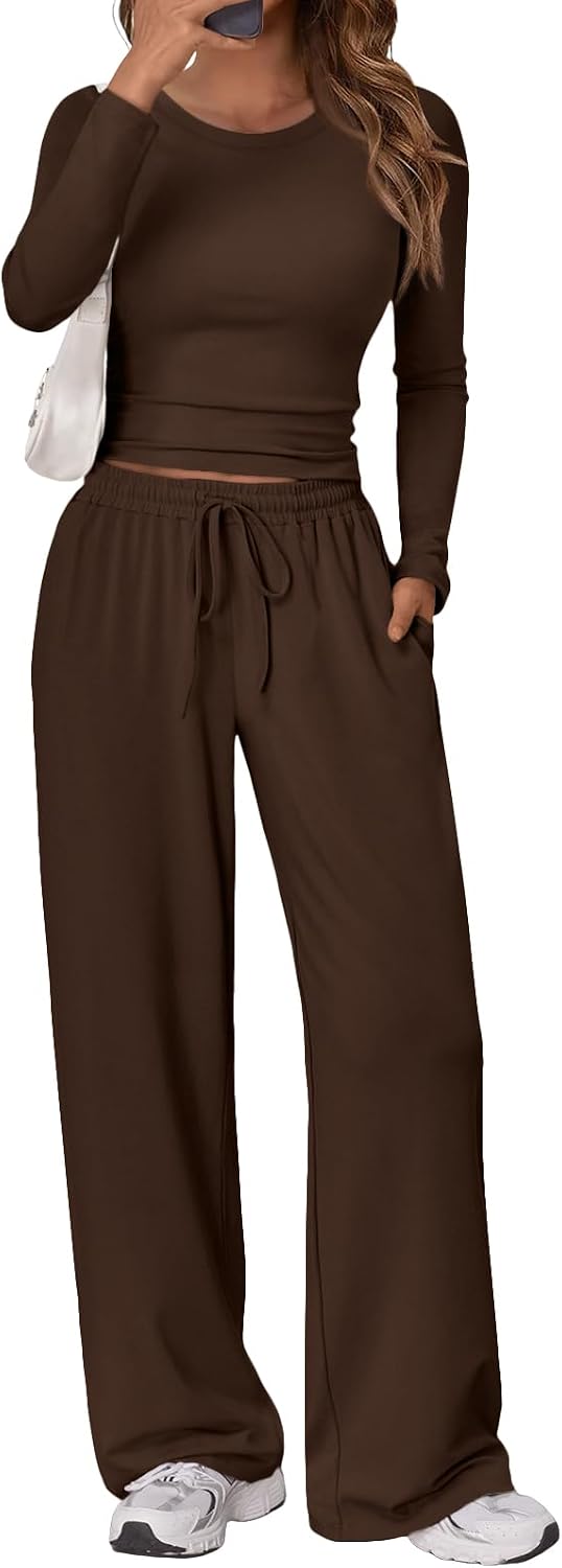 Women's 2 Piece Matching Lounge Set Long Sleeve Side Ruching Top Wide Leg Drawstring Pants Set with Pockets
