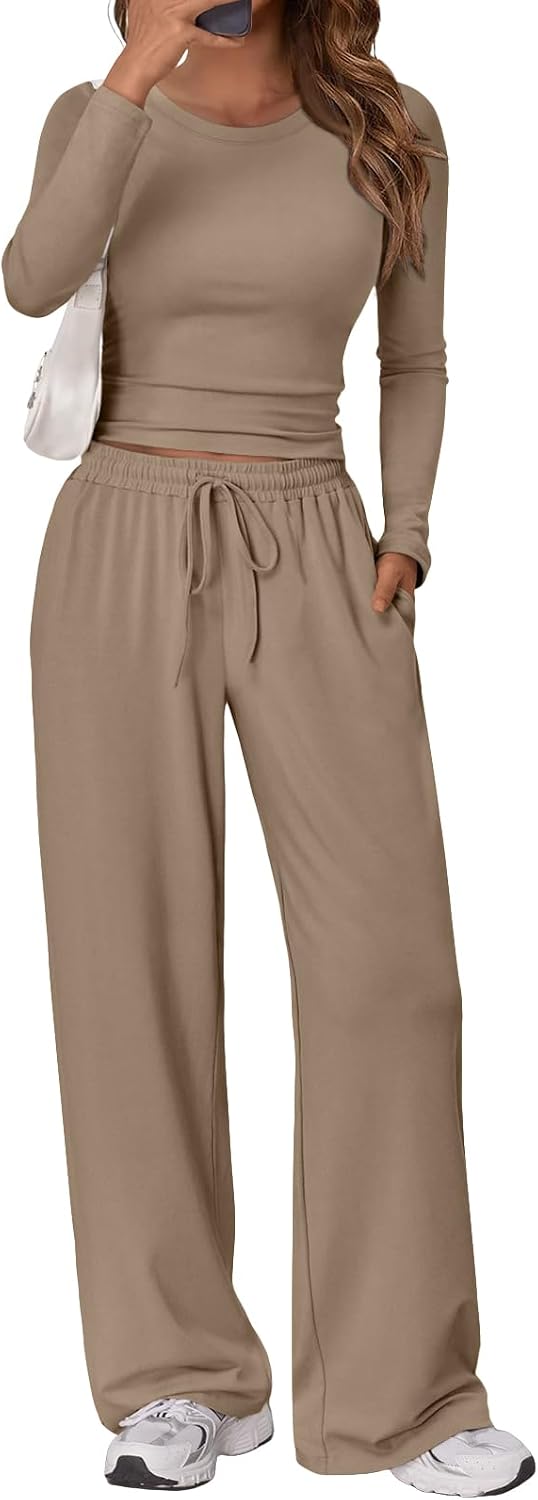 Women's 2 Piece Matching Lounge Set Long Sleeve Side Ruching Top Wide Leg Drawstring Pants Set with Pockets
