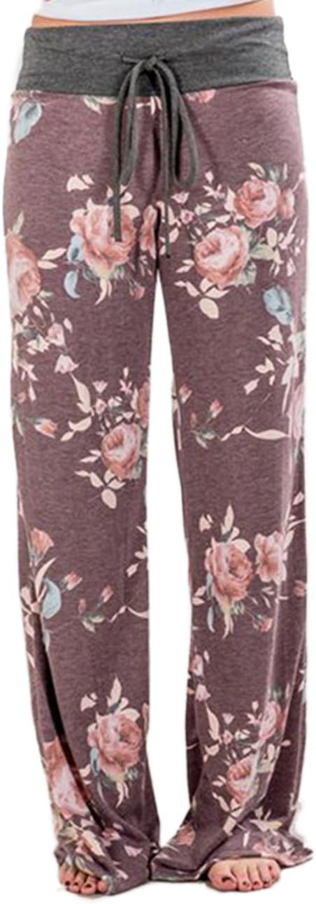 Women's Comfy Stretch Floral Print Drawstring Palazzo Wide Leg Lounge Pant
