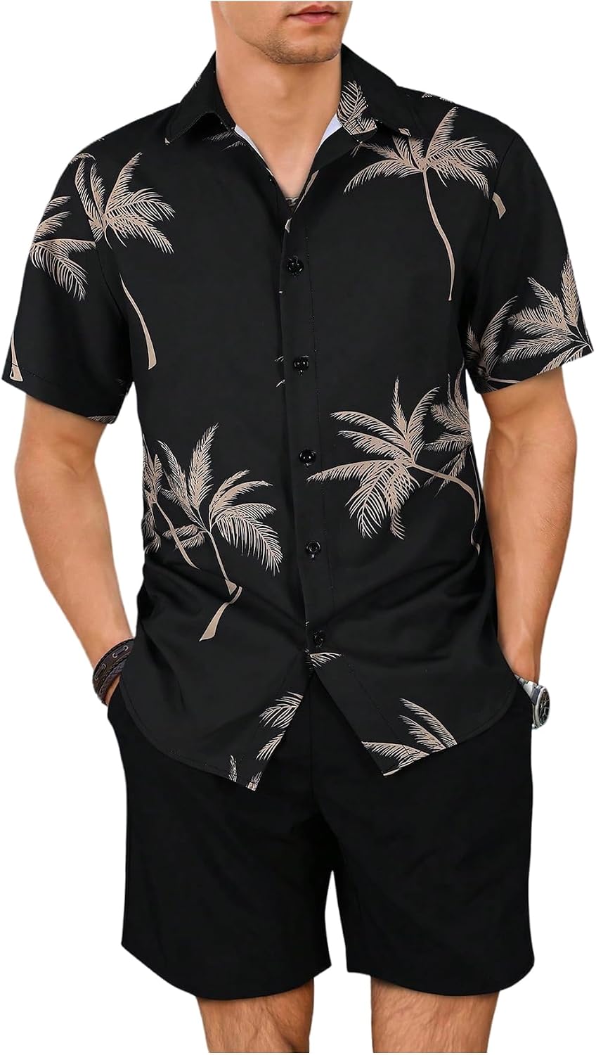 Men's Vacation Beach Cruise Summer Outfits 2 Piece Shorts Set Hawaiian Button Down Shirt and Shorts