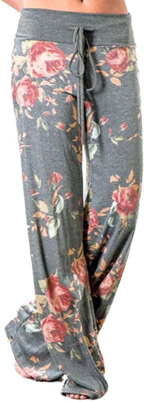 Women's Comfy Stretch Floral Print Drawstring Palazzo Wide Leg Lounge Pant