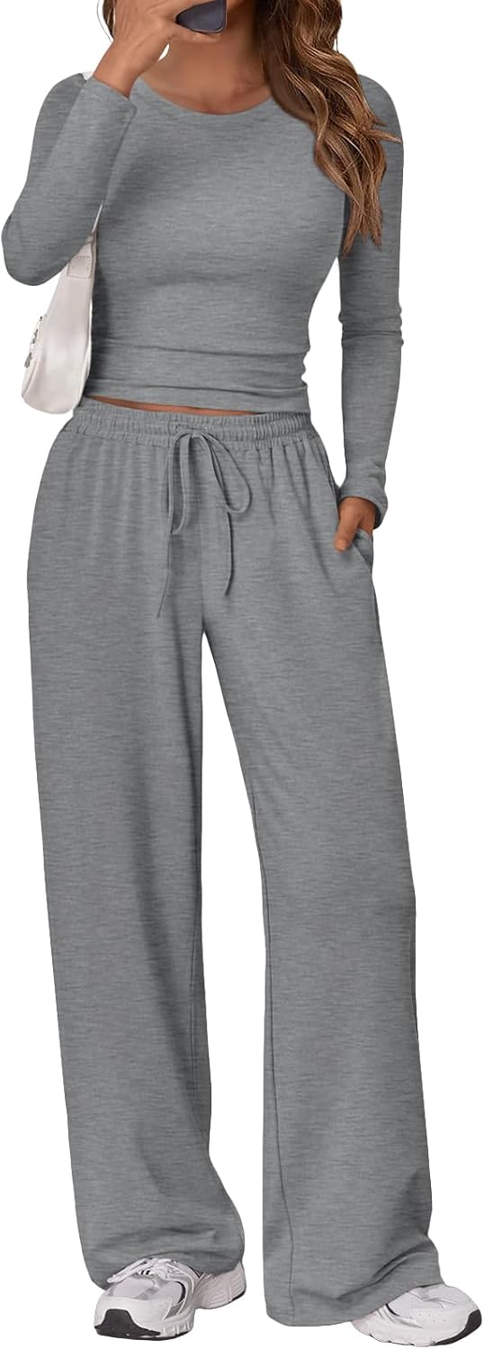 Women's 2 Piece Matching Lounge Set Long Sleeve Side Ruching Top Wide Leg Drawstring Pants Set with Pockets