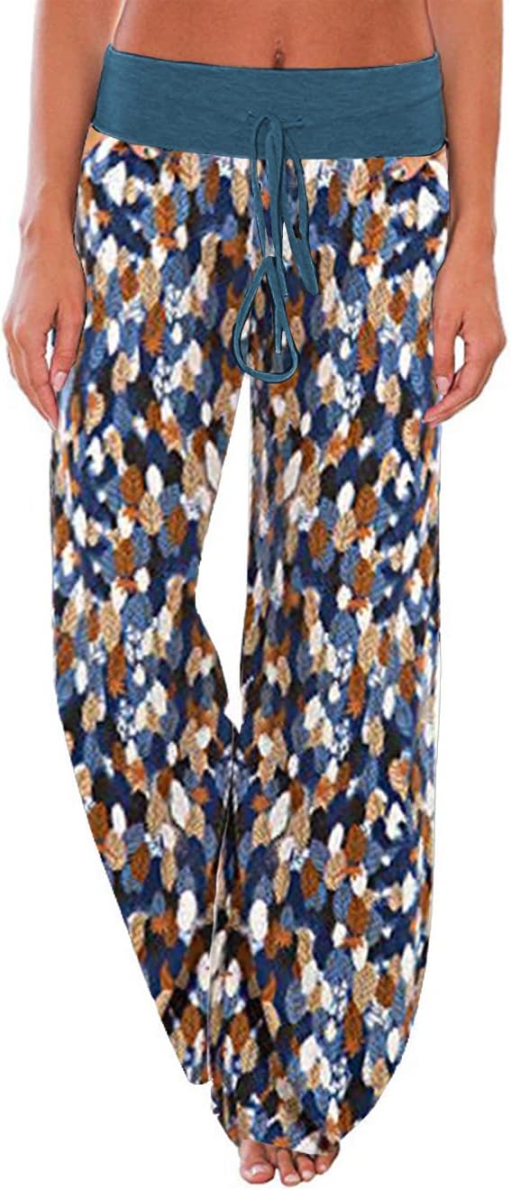 Women's Comfy Stretch Floral Print Drawstring Palazzo Wide Leg Lounge Pant