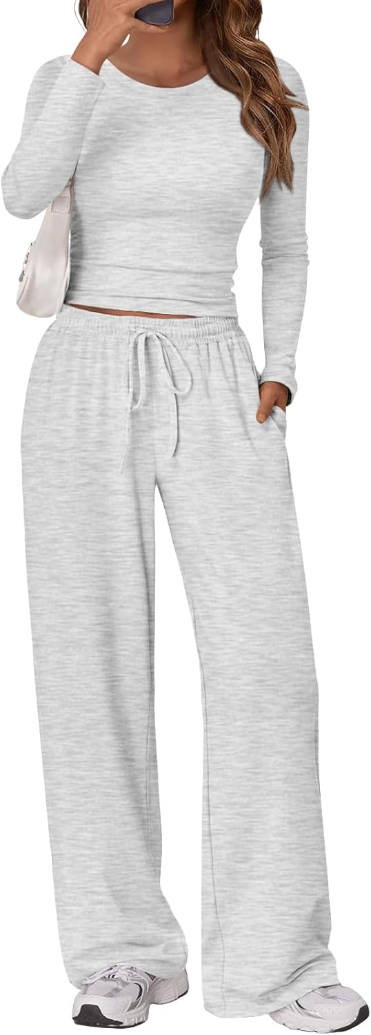Women's 2 Piece Matching Lounge Set Long Sleeve Side Ruching Top Wide Leg Drawstring Pants Set with Pockets