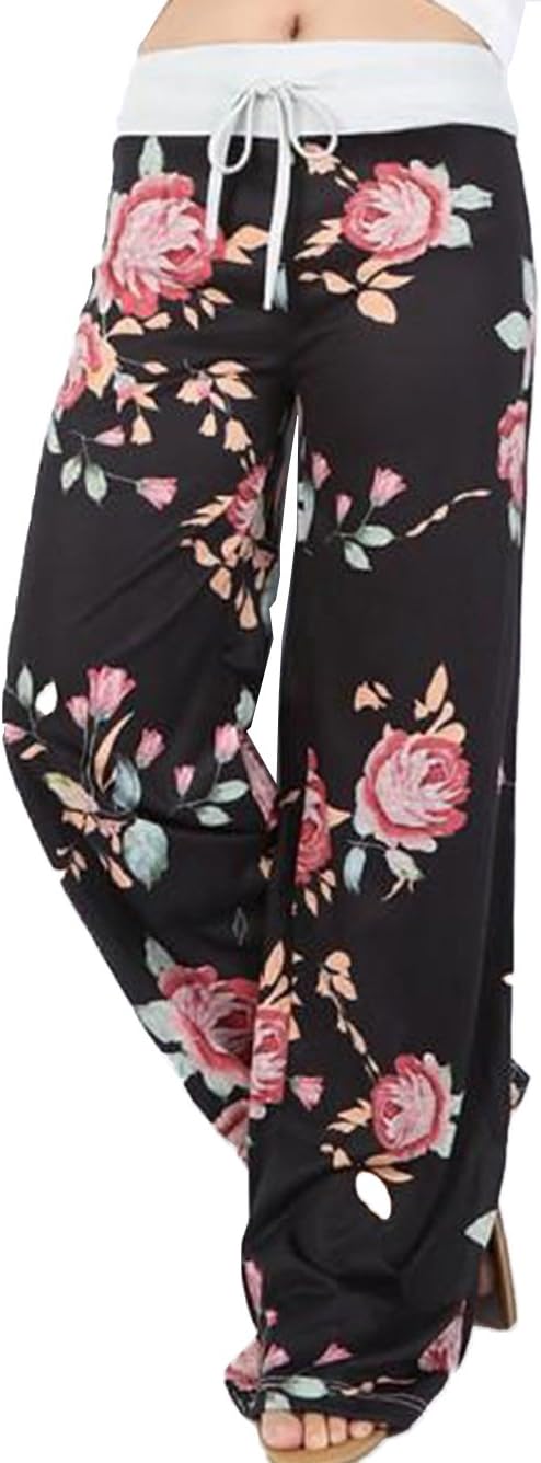 Women's Comfy Stretch Floral Print Drawstring Palazzo Wide Leg Lounge Pant