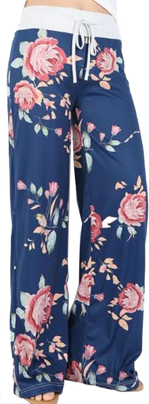 Women's Comfy Stretch Floral Print Drawstring Palazzo Wide Leg Lounge Pant