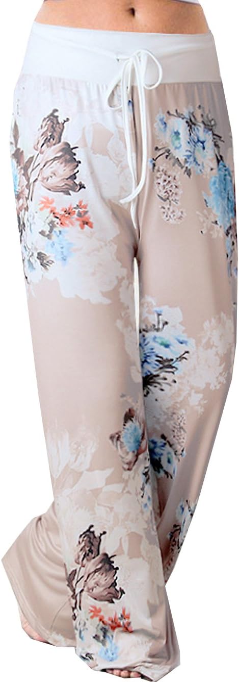 Women's Comfy Stretch Floral Print Drawstring Palazzo Wide Leg Lounge Pant