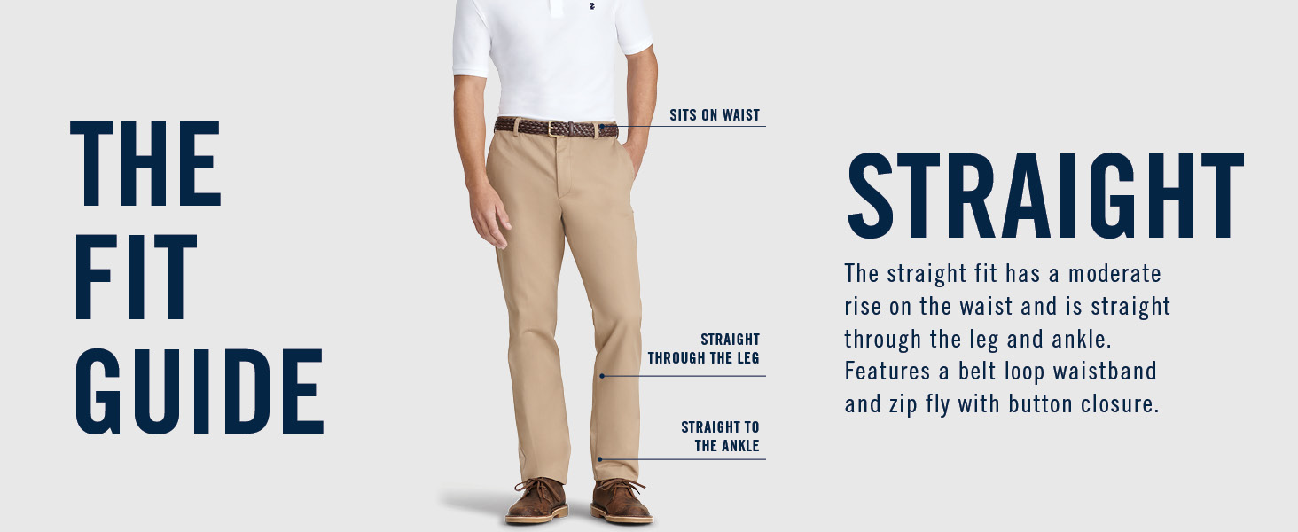 Izod straight fit mens dress pants with zip fly button closure and belt loop waistband callout