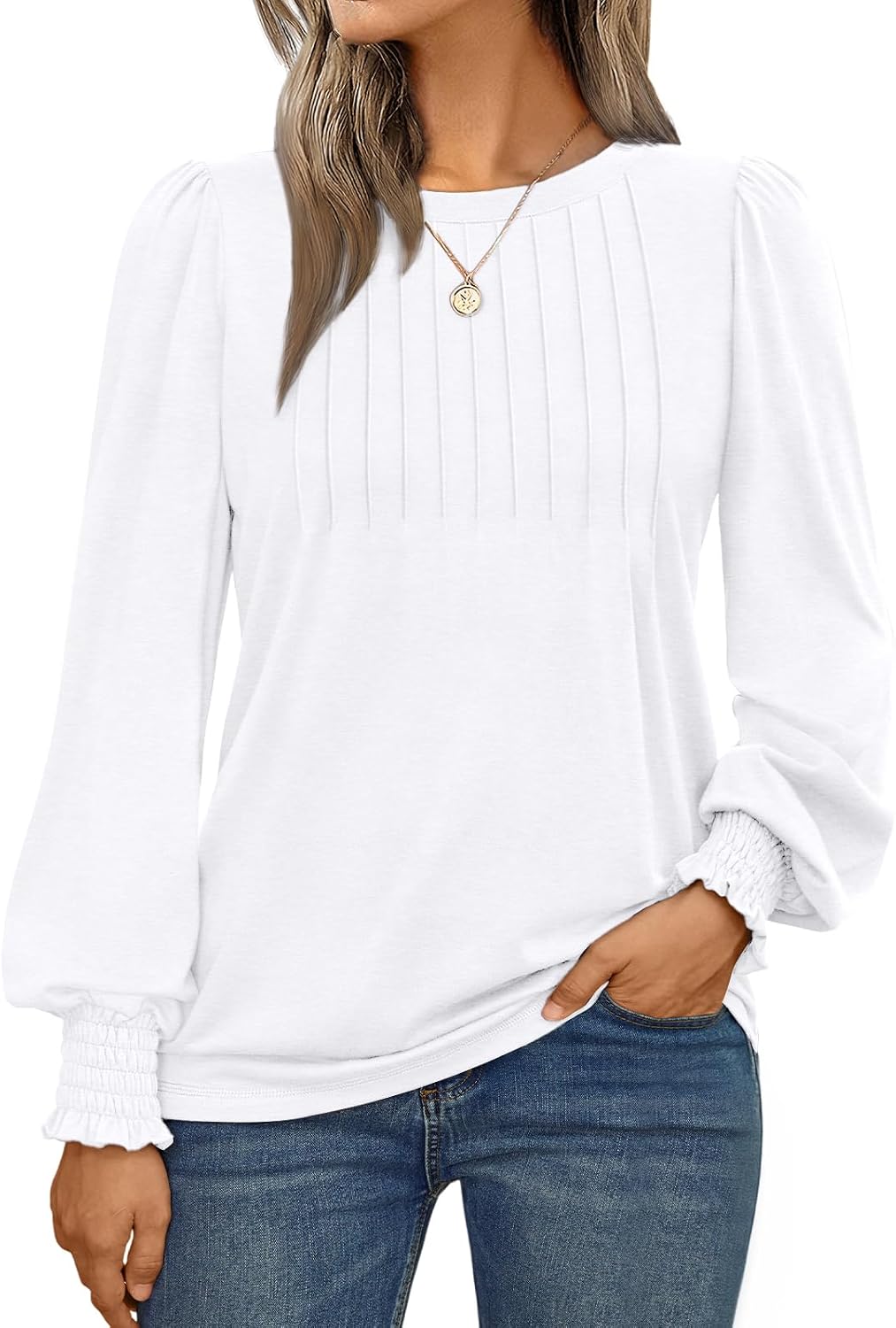 Long Sleeve Shirts Womens Pleated Business Casual Blouses with Smocked Cuffs