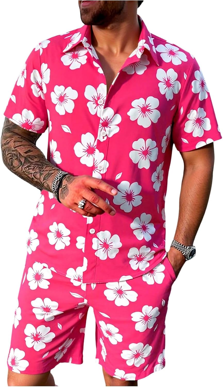 Men's Vacation Beach Cruise Summer Outfits 2 Piece Shorts Set Hawaiian Button Down Shirt and Shorts