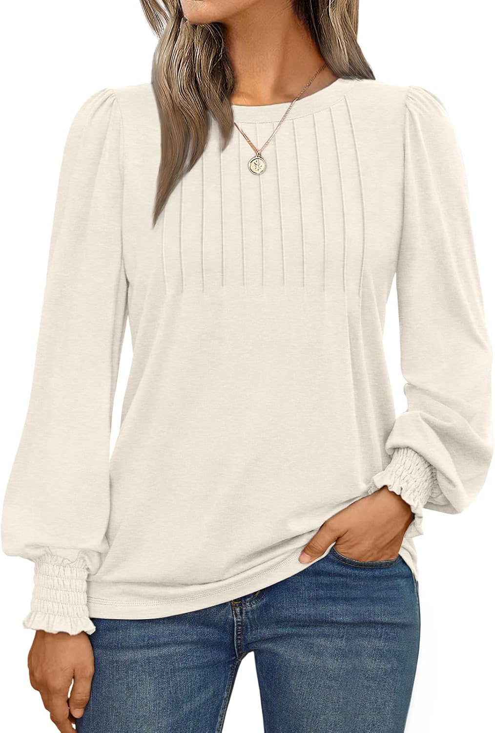 Long Sleeve Shirts Womens Pleated Business Casual Blouses with Smocked Cuffs