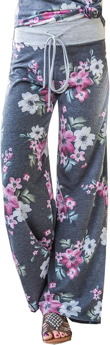 Women's Comfy Stretch Floral Print Drawstring Palazzo Wide Leg Lounge Pant