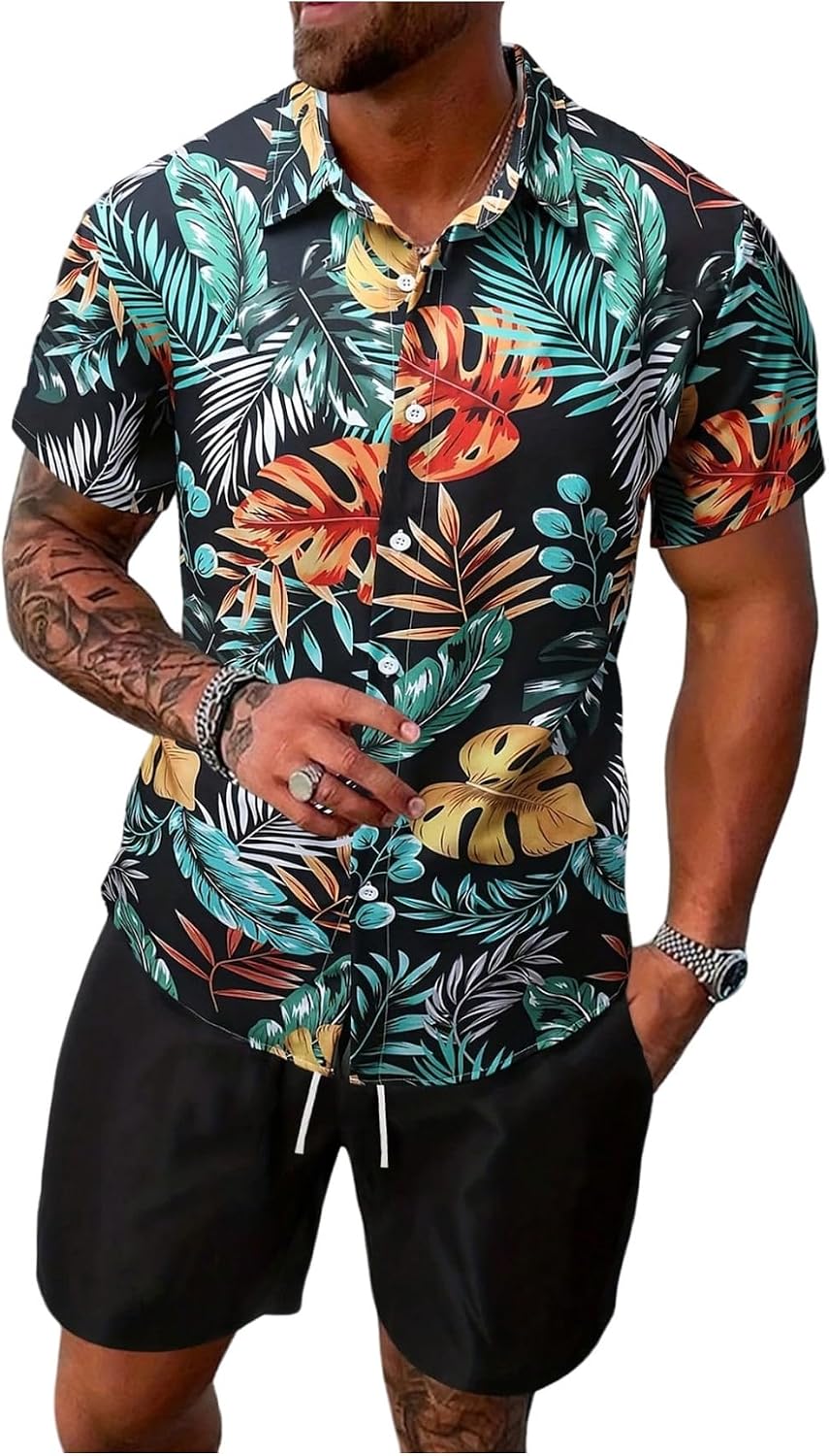 Men's Vacation Beach Cruise Summer Outfits 2 Piece Shorts Set Hawaiian Button Down Shirt and Shorts