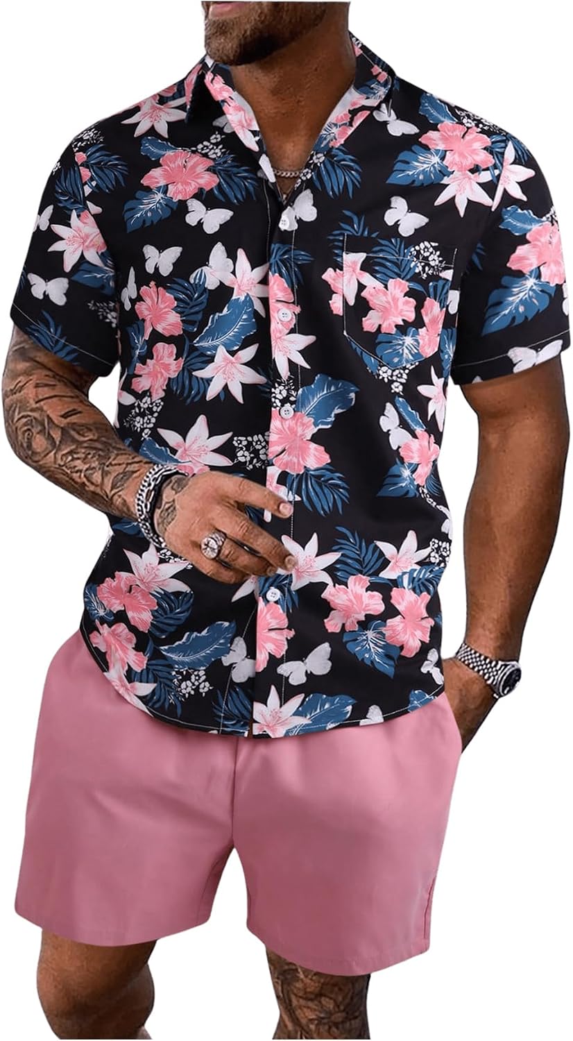 Men's Vacation Beach Cruise Summer Outfits 2 Piece Shorts Set Hawaiian Button Down Shirt and Shorts