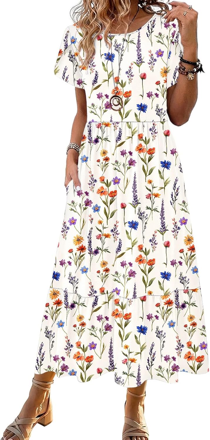 Summer Dresses for Women 2026 Casual Midi Boho T Shirt Dress Ladies Sundress Aline Long Beach Vacation Clothes