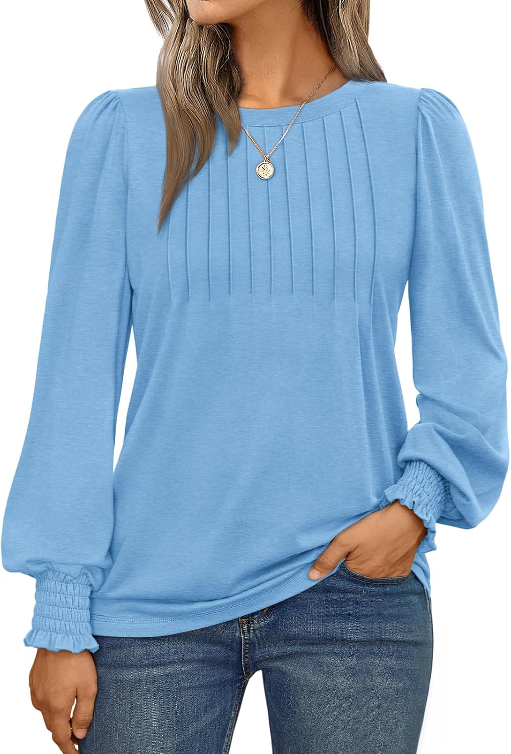 Long Sleeve Shirts Womens Pleated Business Casual Blouses with Smocked Cuffs