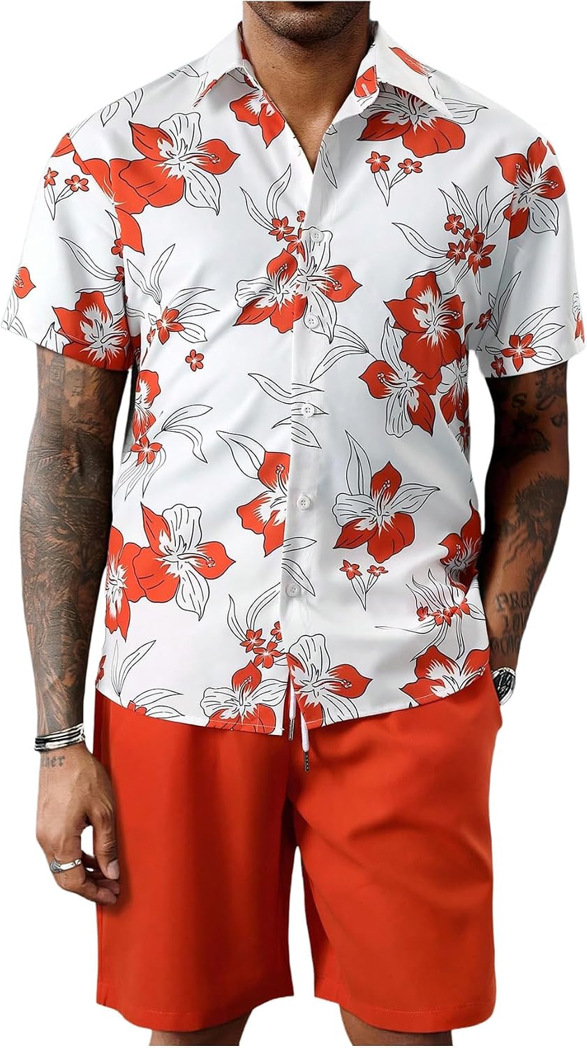 Men's Vacation Beach Cruise Summer Outfits 2 Piece Shorts Set Hawaiian Button Down Shirt and Shorts