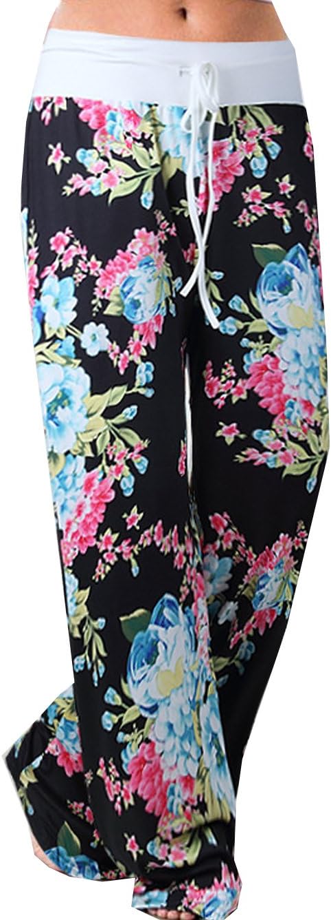 Women's Comfy Stretch Floral Print Drawstring Palazzo Wide Leg Lounge Pant