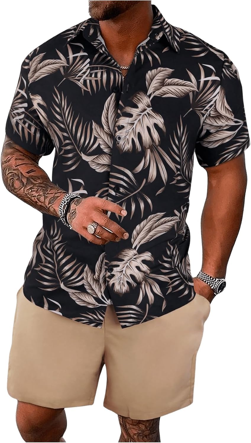 Men's Vacation Beach Cruise Summer Outfits 2 Piece Shorts Set Hawaiian Button Down Shirt and Shorts