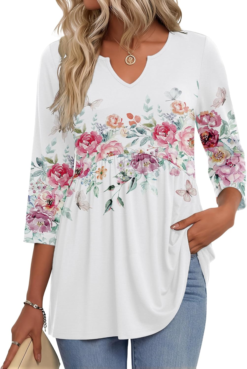 3/4 Length Sleeve Womens Tops 2026 Blouses for Women Dressy Casual Fashion Clothing V Neck T-Shirts Summer Outfits