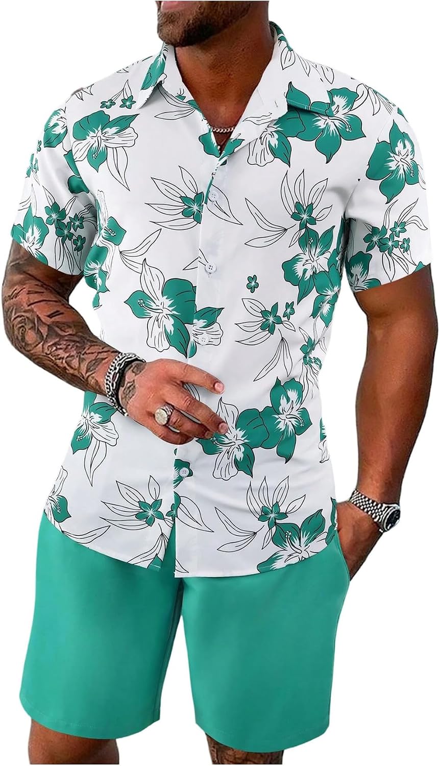 Men's Vacation Beach Cruise Summer Outfits 2 Piece Shorts Set Hawaiian Button Down Shirt and Shorts