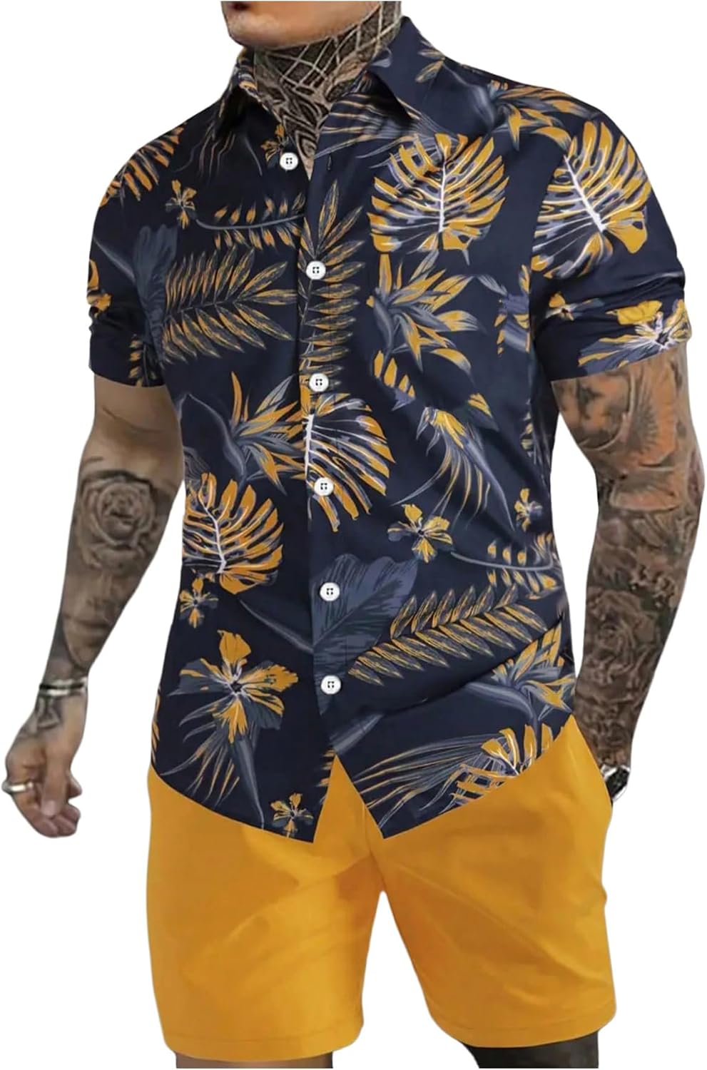 Men's Vacation Beach Cruise Summer Outfits 2 Piece Shorts Set Hawaiian Button Down Shirt and Shorts