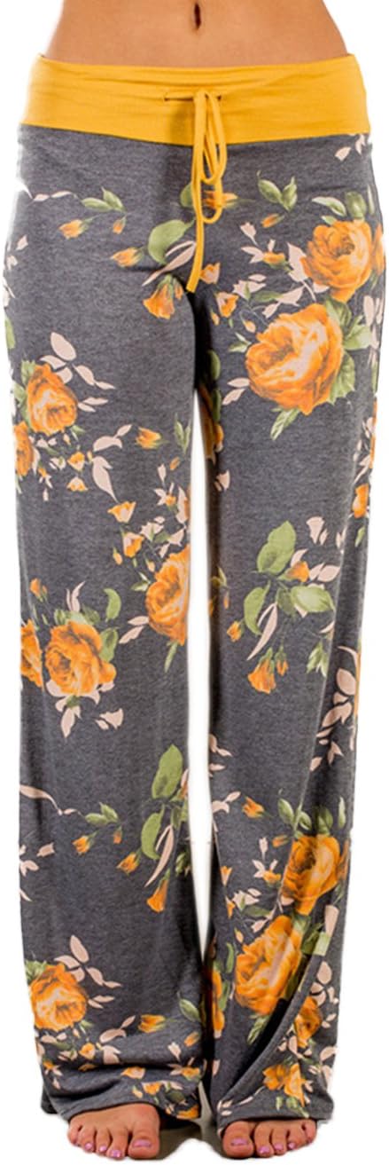 Women's Comfy Stretch Floral Print Drawstring Palazzo Wide Leg Lounge Pant