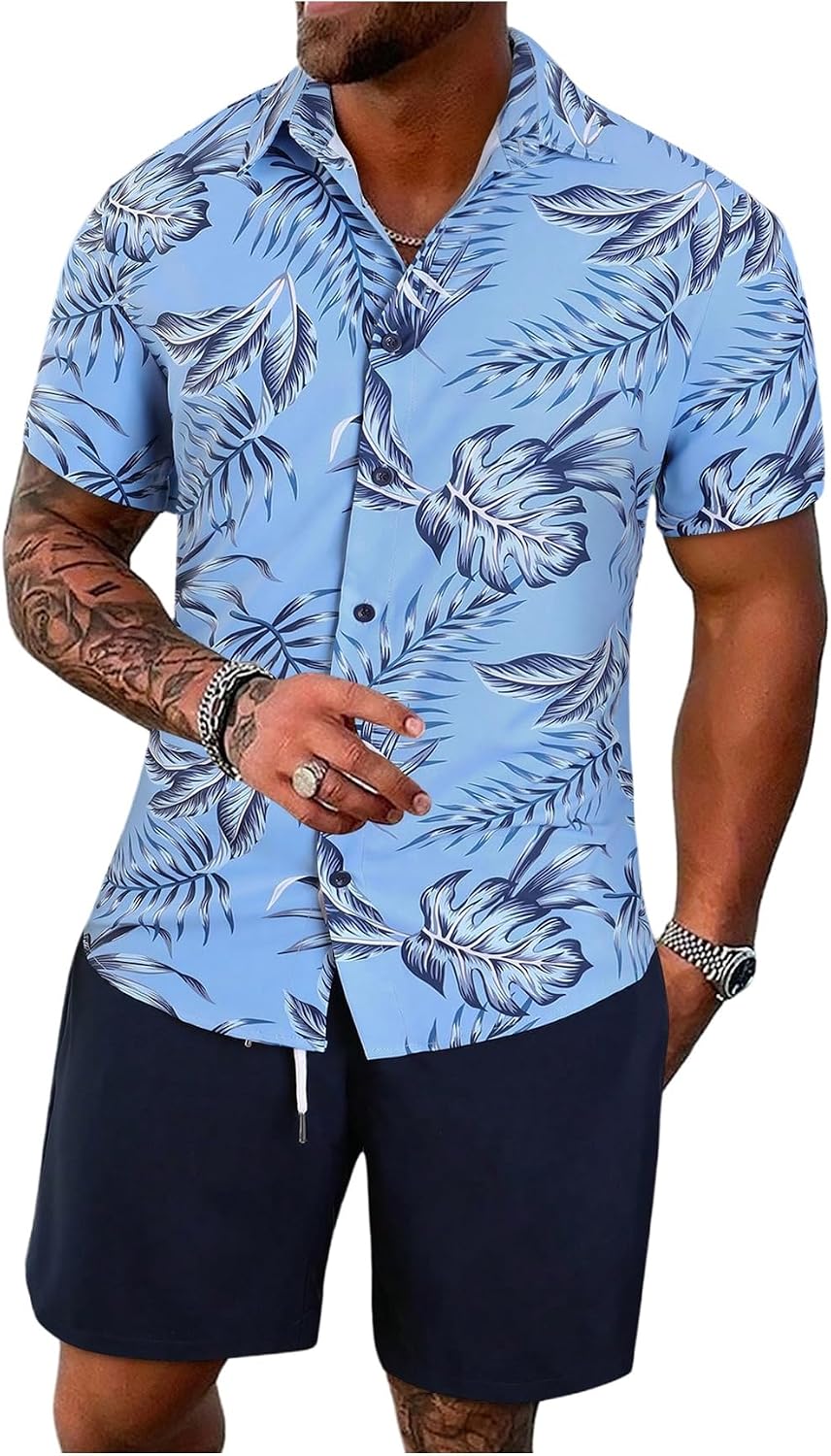 Men's Vacation Beach Cruise Summer Outfits 2 Piece Shorts Set Hawaiian Button Down Shirt and Shorts