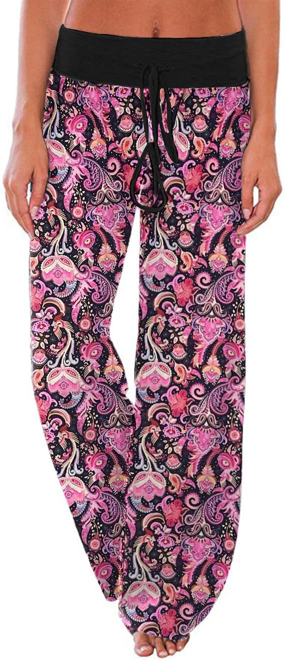 Women's Comfy Stretch Floral Print Drawstring Palazzo Wide Leg Lounge Pant
