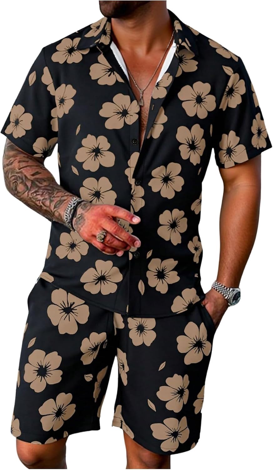 Men's Vacation Beach Cruise Summer Outfits 2 Piece Shorts Set Hawaiian Button Down Shirt and Shorts