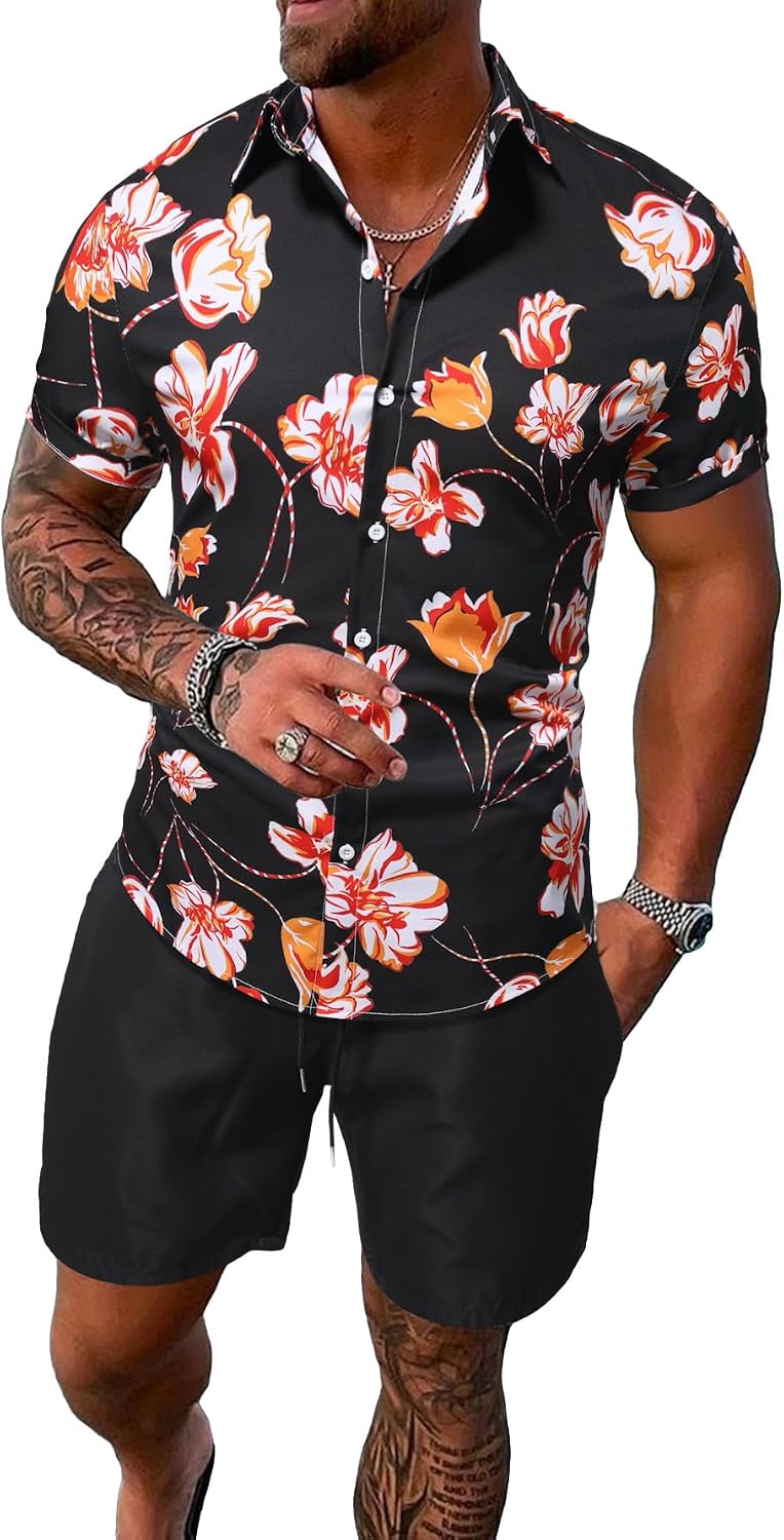 Men's Vacation Beach Cruise Summer Outfits 2 Piece Shorts Set Hawaiian Button Down Shirt and Shorts