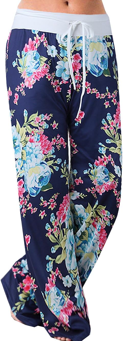 Women's Comfy Stretch Floral Print Drawstring Palazzo Wide Leg Lounge Pant