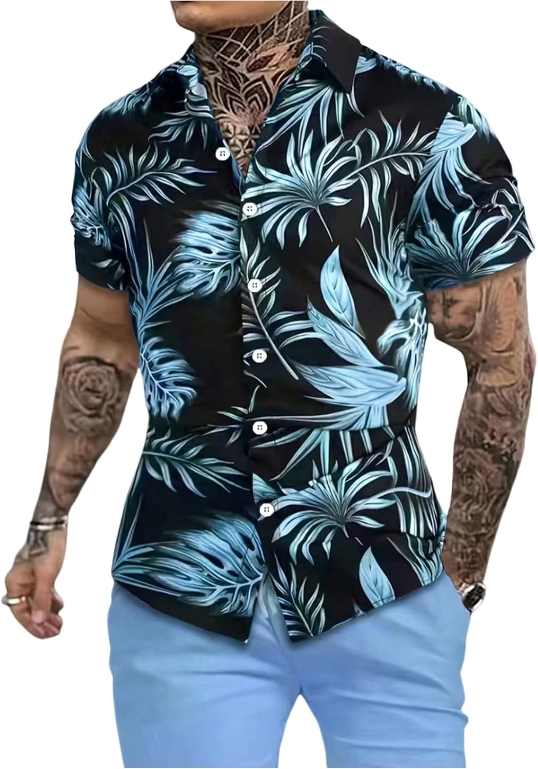 Men's Vacation Beach Cruise Summer Outfits 2 Piece Shorts Set Hawaiian Button Down Shirt and Shorts