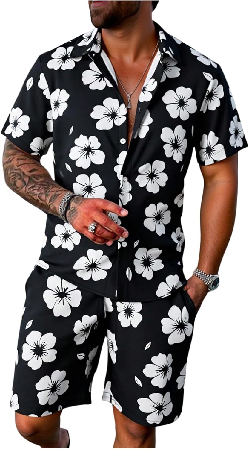 Men's Vacation Beach Cruise Summer Outfits 2 Piece Shorts Set Hawaiian Button Down Shirt and Shorts