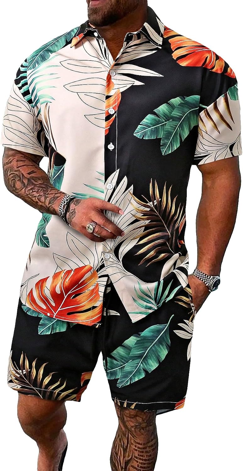 Men's Vacation Beach Cruise Summer Outfits 2 Piece Shorts Set Hawaiian Button Down Shirt and Shorts