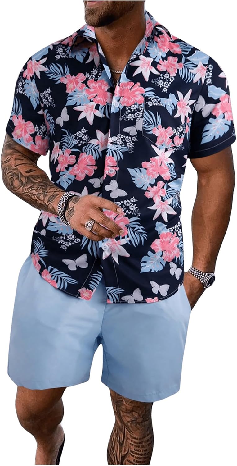 Men's Vacation Beach Cruise Summer Outfits 2 Piece Shorts Set Hawaiian Button Down Shirt and Shorts