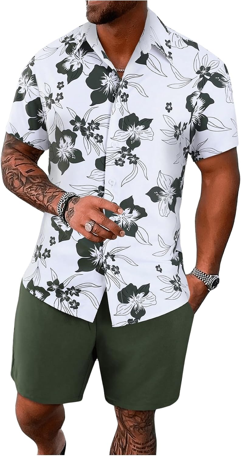 Men's Vacation Beach Cruise Summer Outfits 2 Piece Shorts Set Hawaiian Button Down Shirt and Shorts