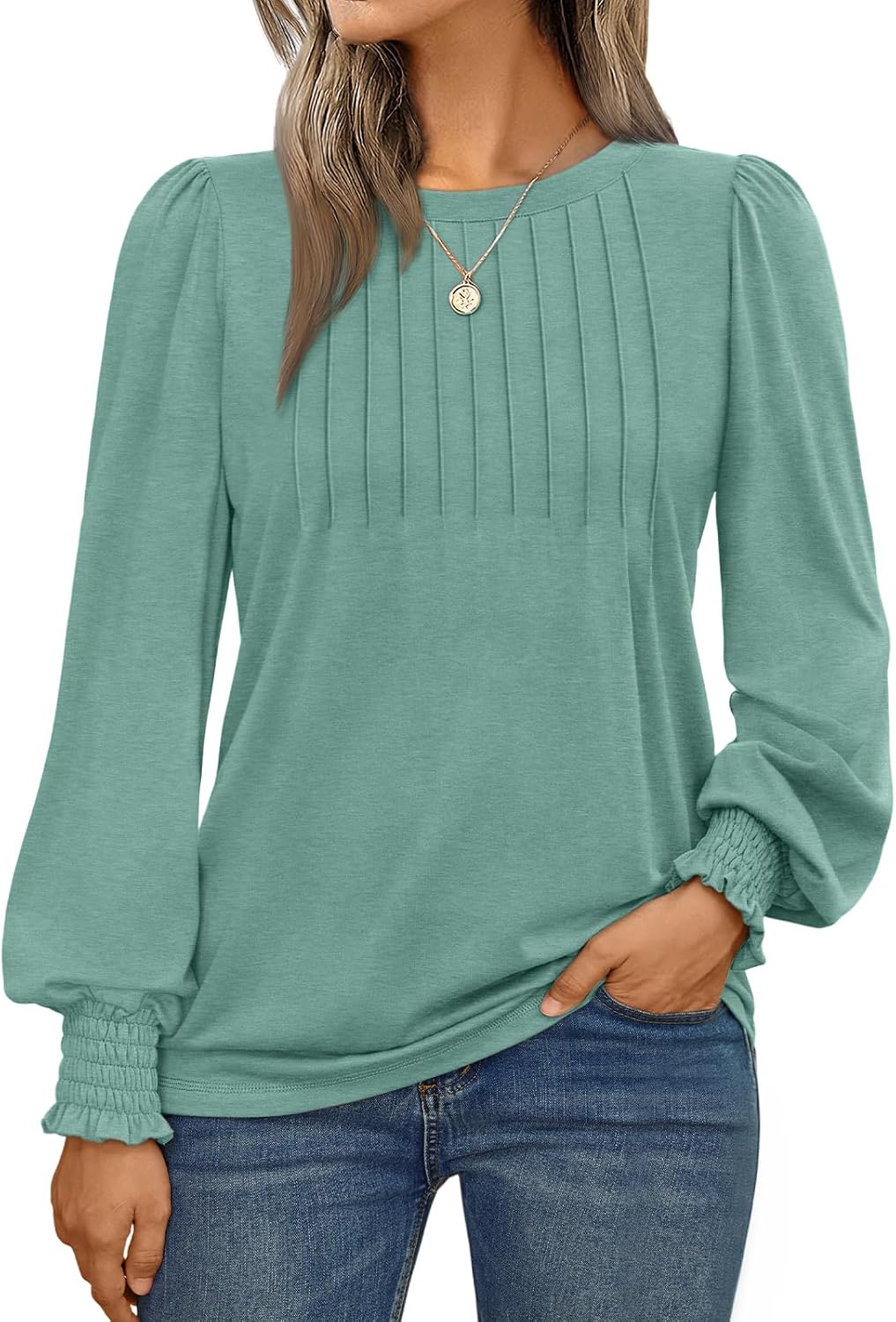Long Sleeve Shirts Womens Pleated Business Casual Blouses with Smocked Cuffs