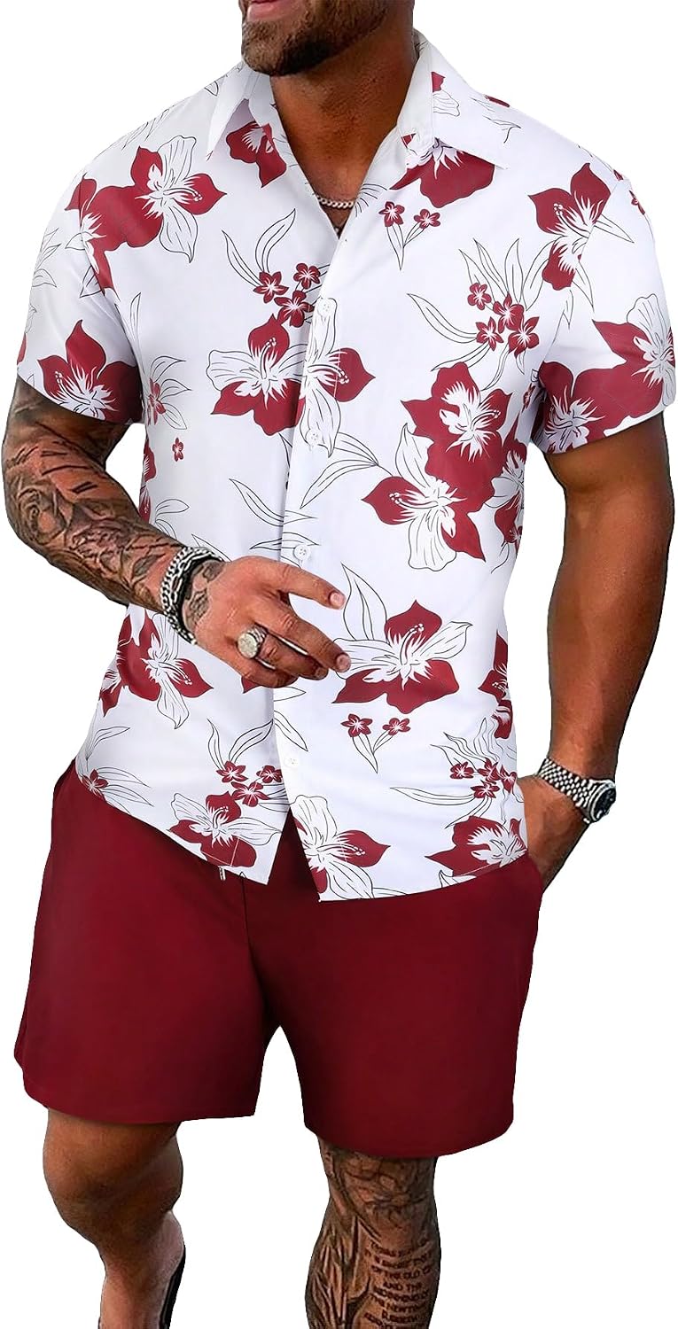 Men's Vacation Beach Cruise Summer Outfits 2 Piece Shorts Set Hawaiian Button Down Shirt and Shorts