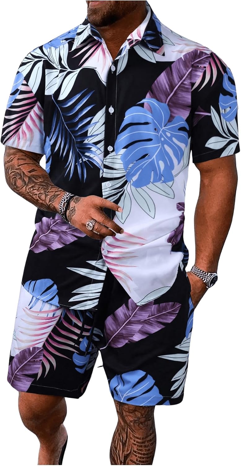 Men's Vacation Beach Cruise Summer Outfits 2 Piece Shorts Set Hawaiian Button Down Shirt and Shorts