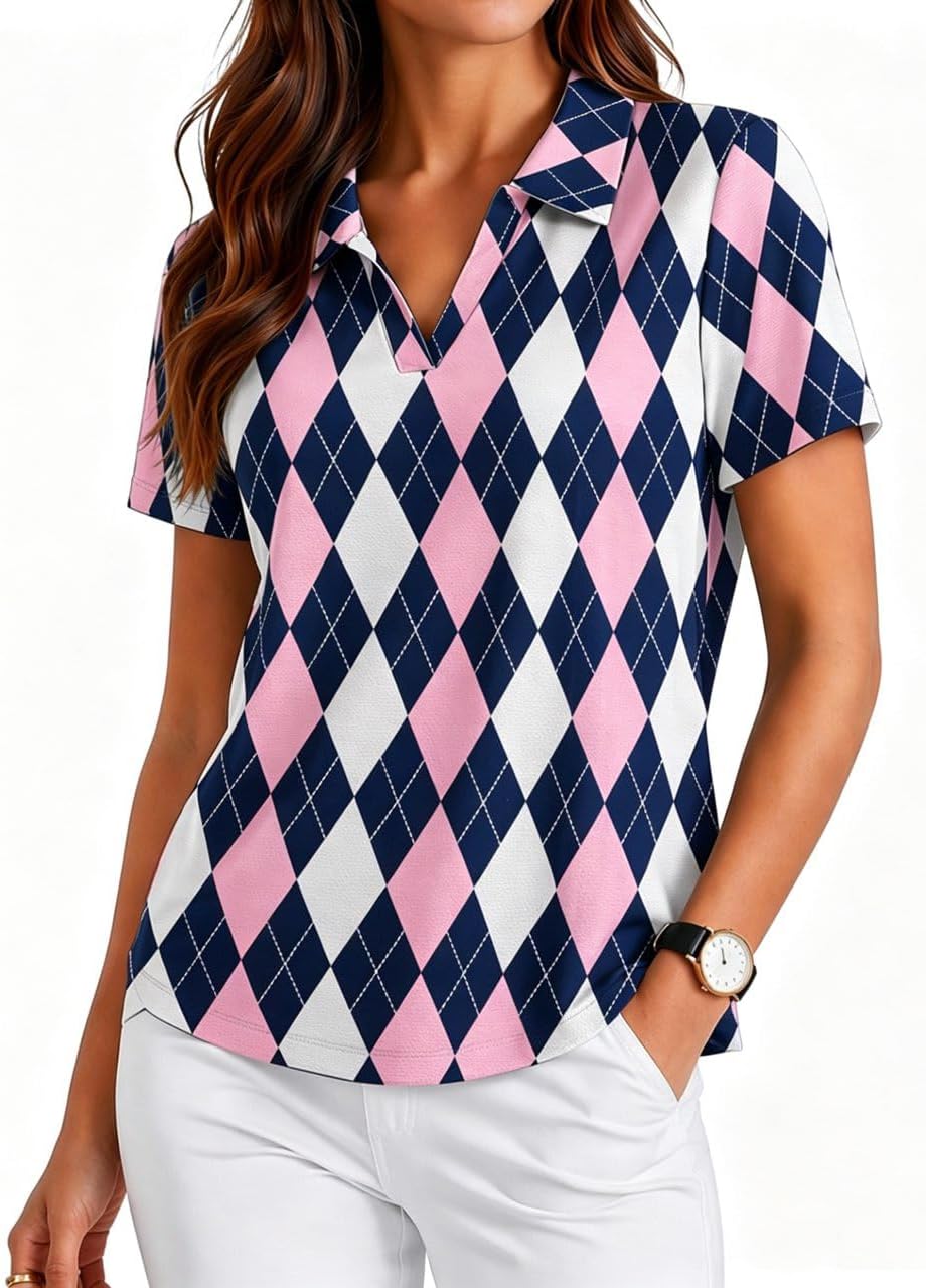 Womens Golf Shirt Short Sleeve Polo Shirts UPF 50+ Tennis Top V-Neck Workout Tops Collared Activewear T-Shirts