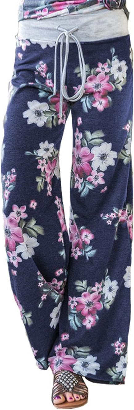 Women's Comfy Stretch Floral Print Drawstring Palazzo Wide Leg Lounge Pant