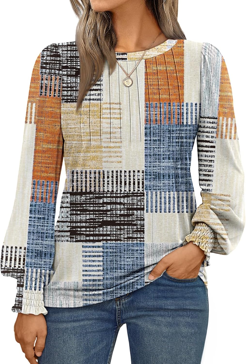 Long Sleeve Shirts Womens Pleated Business Casual Blouses with Smocked Cuffs