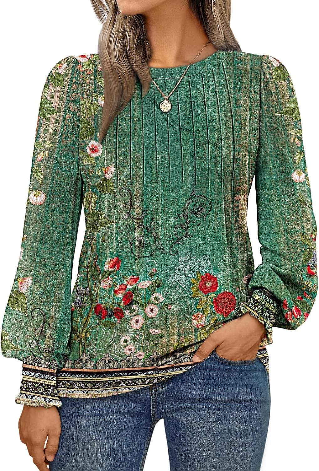 Long Sleeve Shirts Womens Pleated Business Casual Blouses with Smocked Cuffs