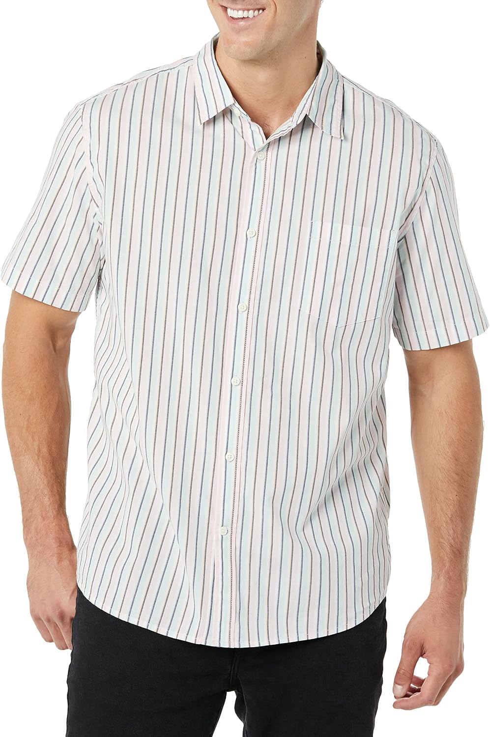 Men's Short Sleeve Dress Shirt with Stretch, Charcoal White Vertical Stripe (Available in Big & Tall)