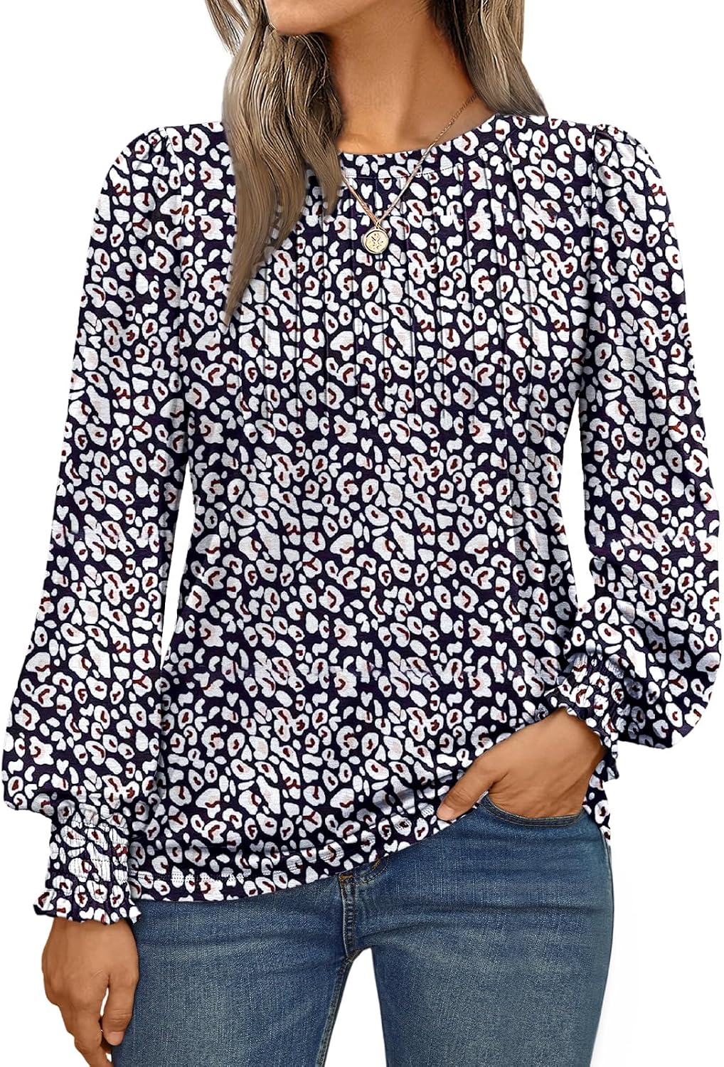 Long Sleeve Shirts Womens Pleated Business Casual Blouses with Smocked Cuffs