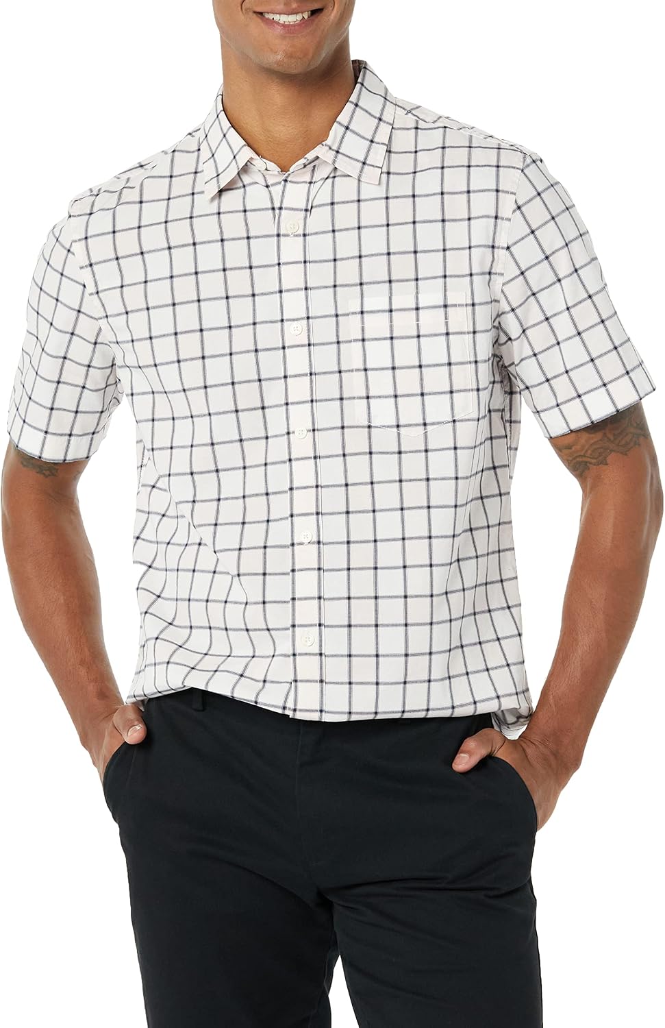 Men's Short Sleeve Dress Shirt with Stretch, Charcoal White Vertical Stripe (Available in Big & Tall)