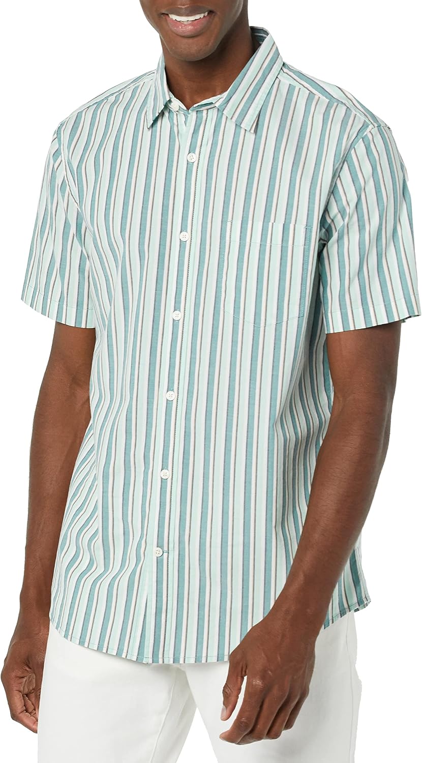 Men's Short Sleeve Dress Shirt with Stretch, Charcoal White Vertical Stripe (Available in Big & Tall)