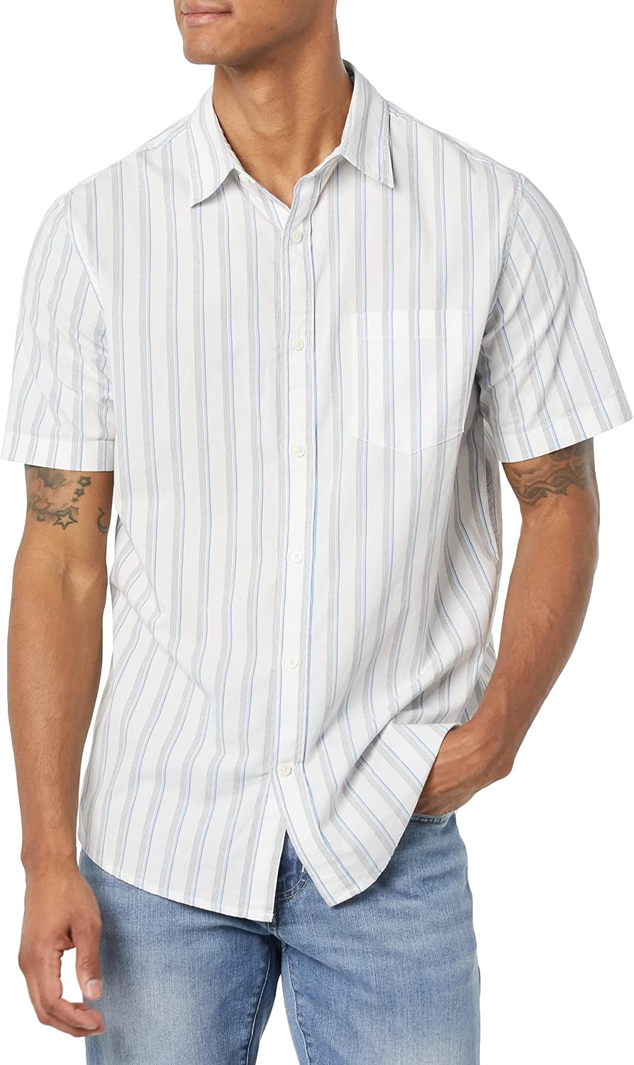 Men's Short Sleeve Dress Shirt with Stretch, Charcoal White Vertical Stripe (Available in Big & Tall)