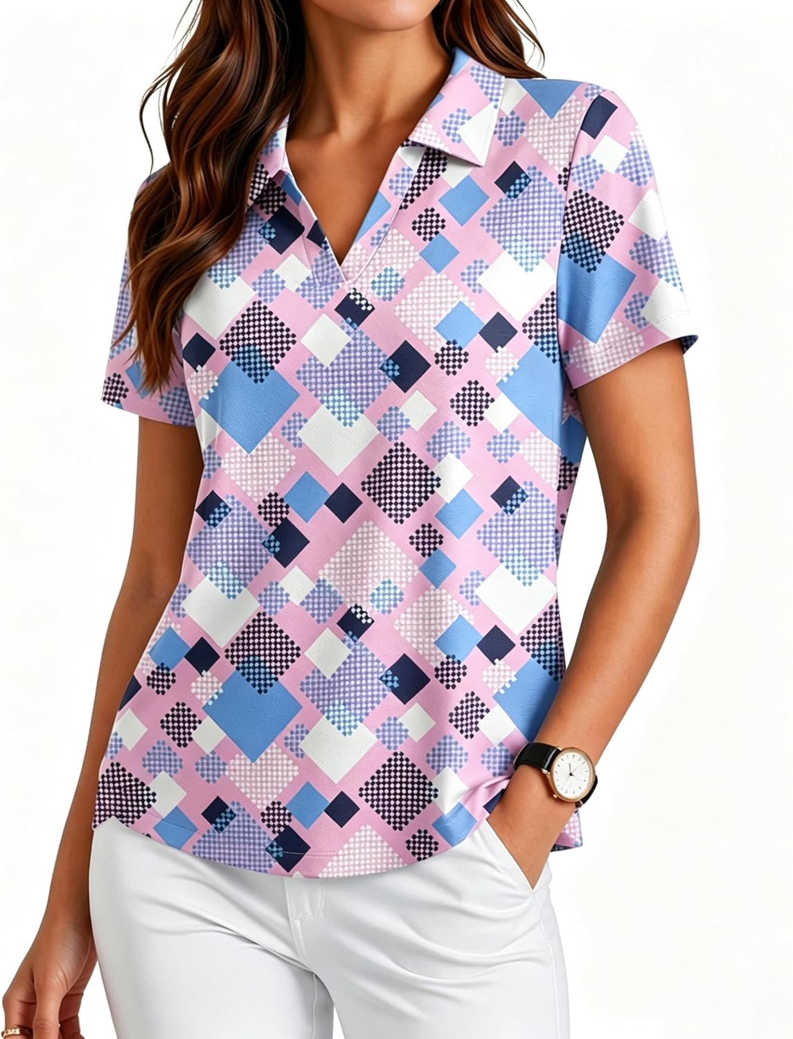 Womens Golf Shirt Short Sleeve Polo Shirts UPF 50+ Tennis Top V-Neck Workout Tops Collared Activewear T-Shirts